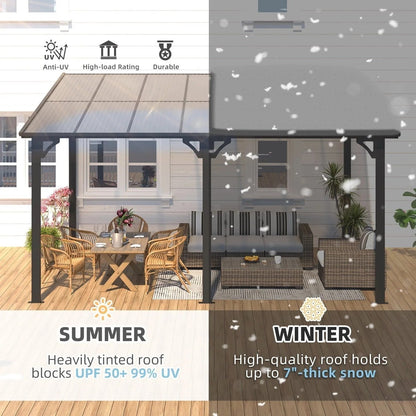 Dark gray Aecojoy aluminum patio cover measuring 10 ft. by 14 ft. installed outdoors, providing shade and protection.