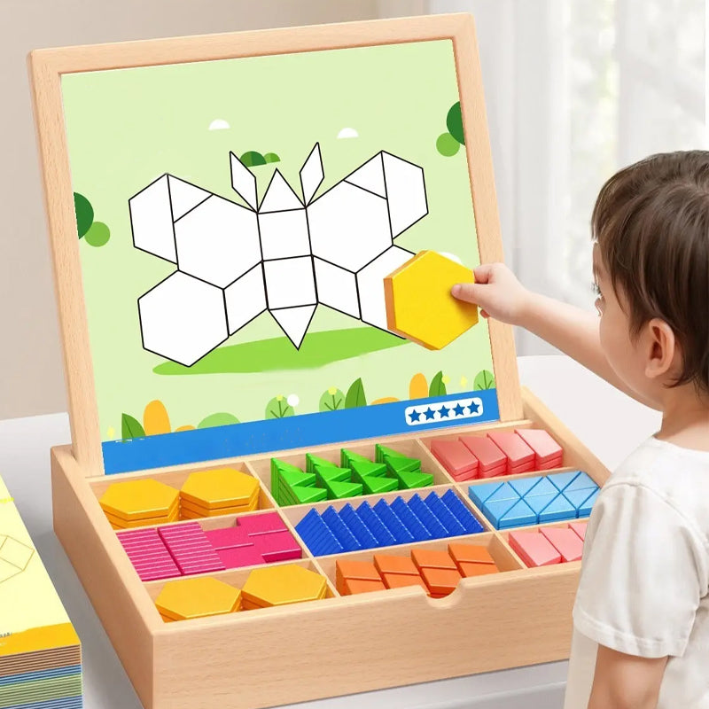Mivoza magnetic wooden building blocks with pattern cards for educational and creative play, arranged in a colorful setup.
