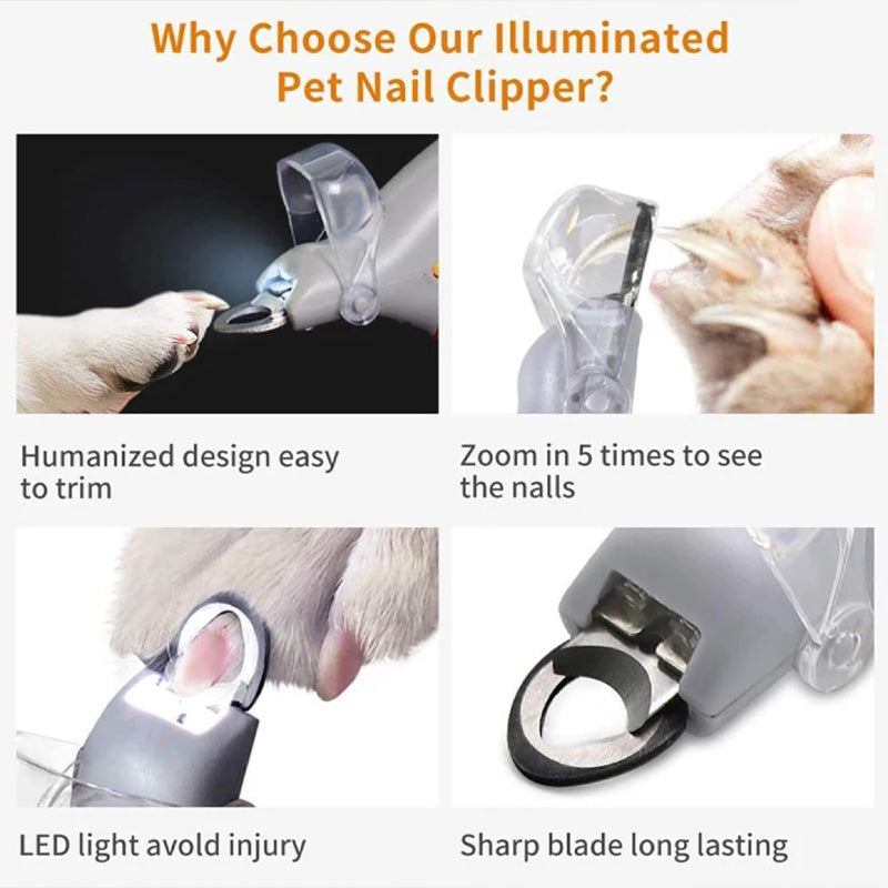 Mivoza pet nail clipper with LED light and replaceable stainless steel blade, shown with ergonomic handle and grooming features.