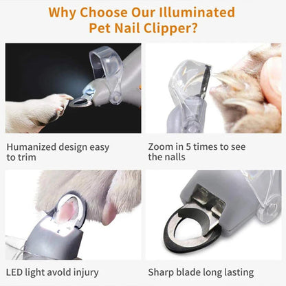 Mivoza pet nail clipper with LED light and replaceable stainless steel blade, shown with ergonomic handle and grooming features.