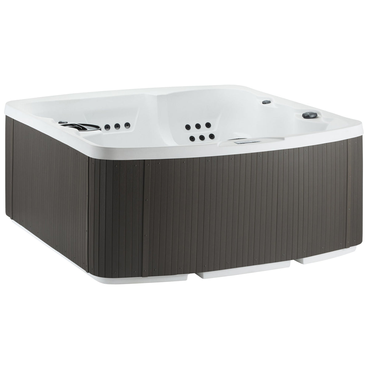 Lifesmart Leganza 6-person spa with 90 jets, lounge seating, Arctic White and Coastal Gray exterior, Casavibeo brand.
