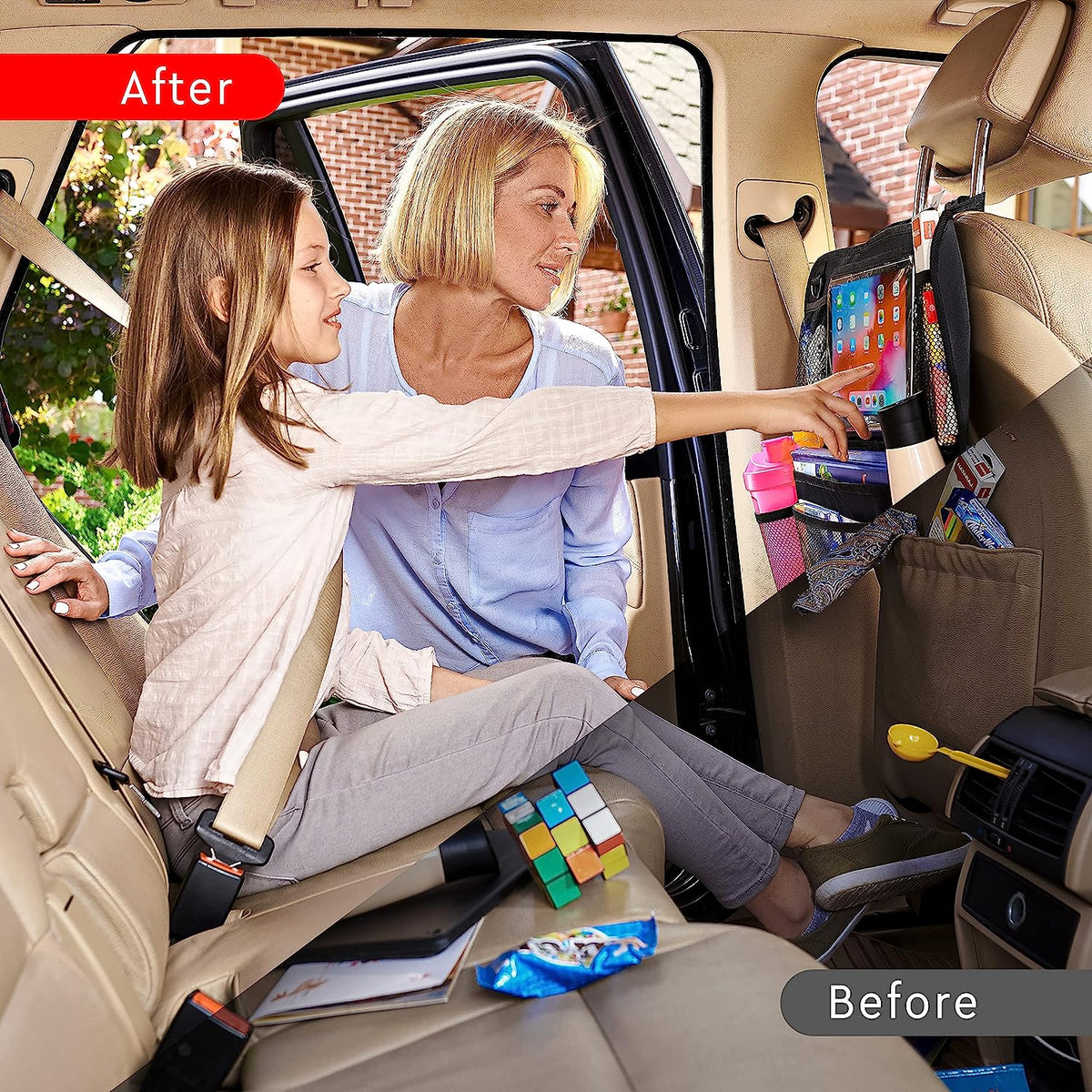 Belro 2-pack car backseat organizer with multiple pockets for sports and outdoor gear, mounted on car seat for easy access.