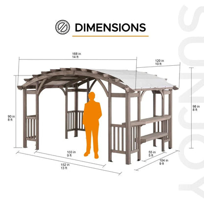 Light grey outdoor cedar wood framed arched pergola by Sunjoy Bellucci, 10x14 ft. perfect for patios and garden spaces.