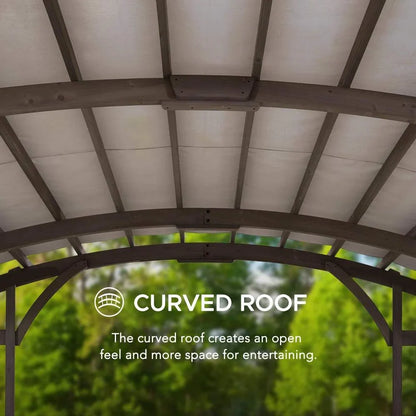 Light grey cedar wood framed arched pergola by Sunjoy Bellucci, 10x14 ft outdoor outdoor structure with roof, for garden or patio.