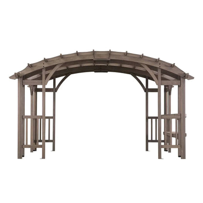 Light grey cedar wood framed arched pergola by Sunjoy Bellucci, 10x14 ft outdoor outdoor structure with elegant design.