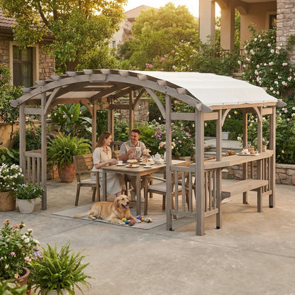 Light grey outdoor cedar wood framed arched pergola by Casavibeo, measuring 10x14 feet, ideal for garden or patio shade.