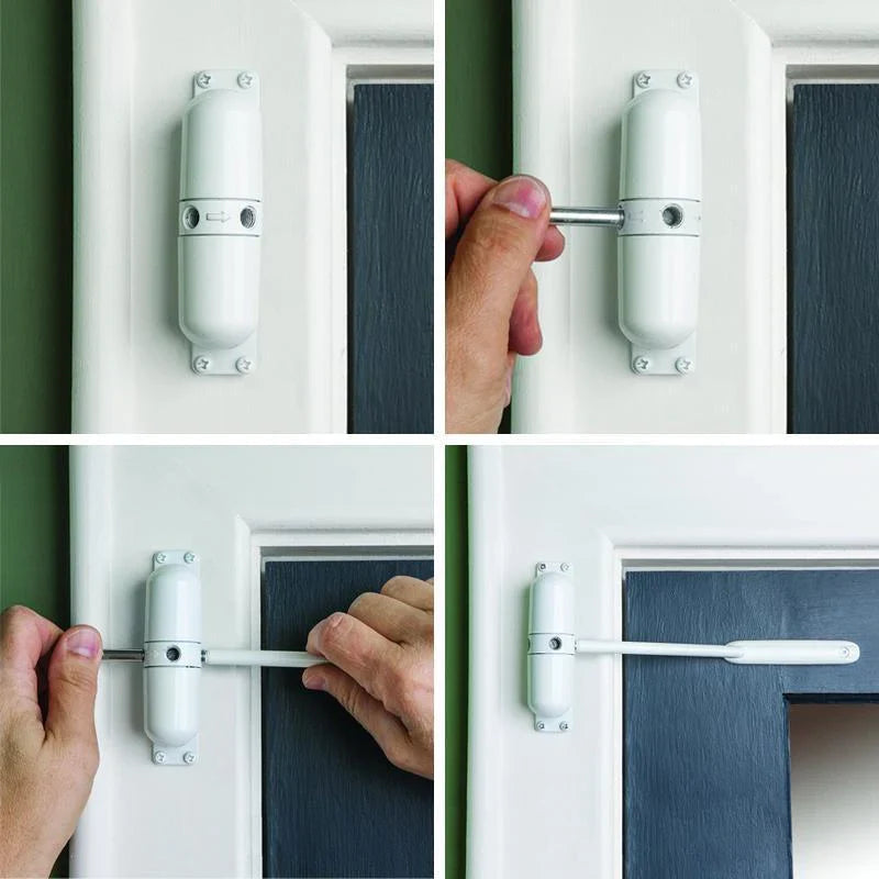Belro automatic door closing mechanism installed on a door, showcasing tools and hardware for improved convenience and safety.