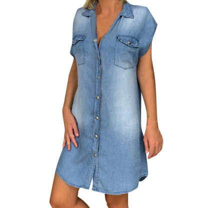Belro denim straight dress, casual clothing shorts style, light denim fabric with front pockets and adjustable straps.