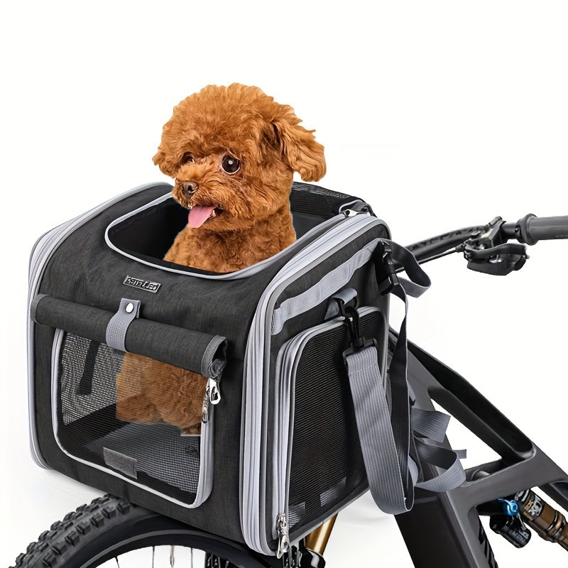 Expandable Belro pet bike basket attached to a bicycle, showcasing ample space and secure straps for transporting pets safely.