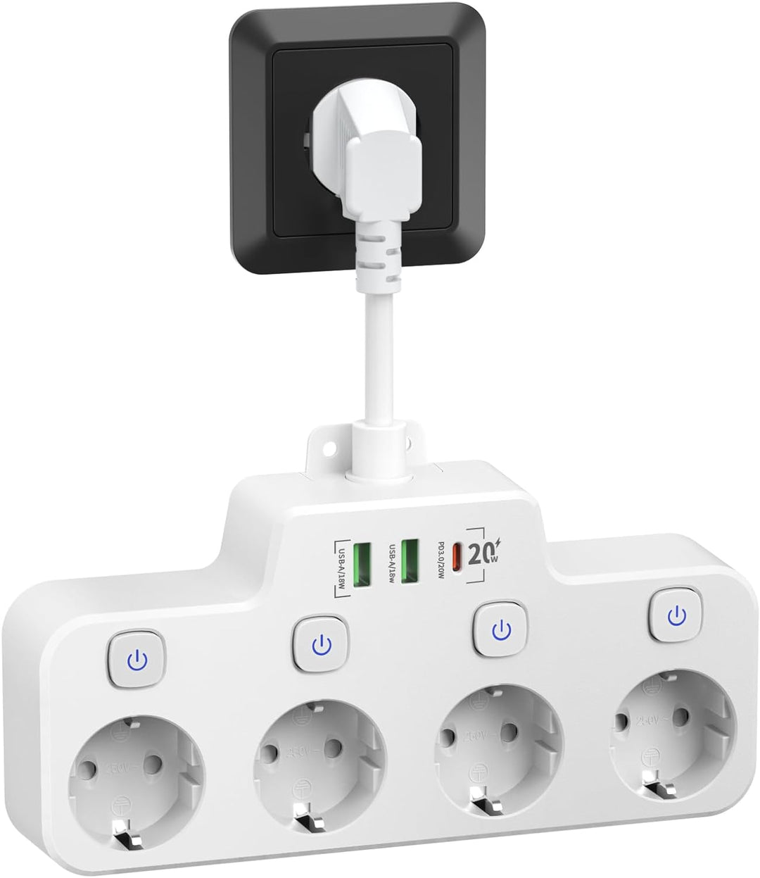 Wall-mounted Belro power strip with two USB A ports, one USB C port, and independent switches for easy charging access.