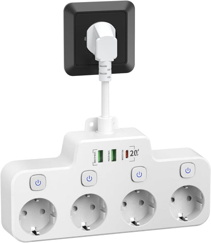 Wall-mounted Belro power strip with two USB A ports, one USB C port, and independent switches for easy charging access.
