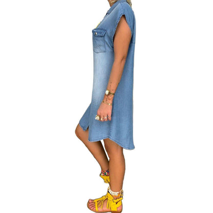 Light blue Belro denim straight dress with a casual fit, displayed on a hanger against a neutral background.