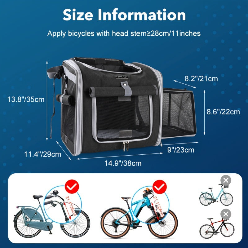 Expandable Belro pet bike basket attached to a bicycle, showcasing its spacious design and secure attachment for pets.
