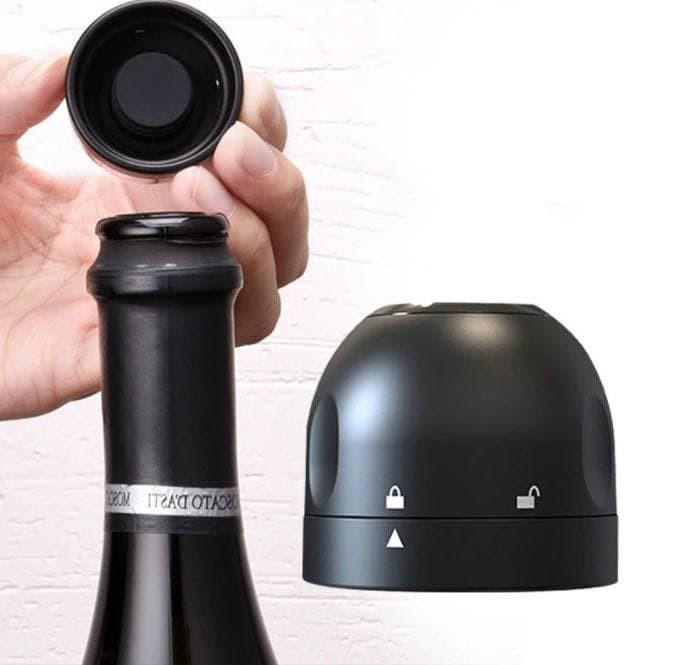 Belro silicone stopper for wine, beer, and champagne bottles, shown sealing a bottle in a kitchen setting.