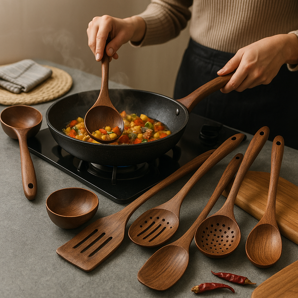 Natural teak wood kitchen set by Belro featuring utensils and accessories for home and dining use.