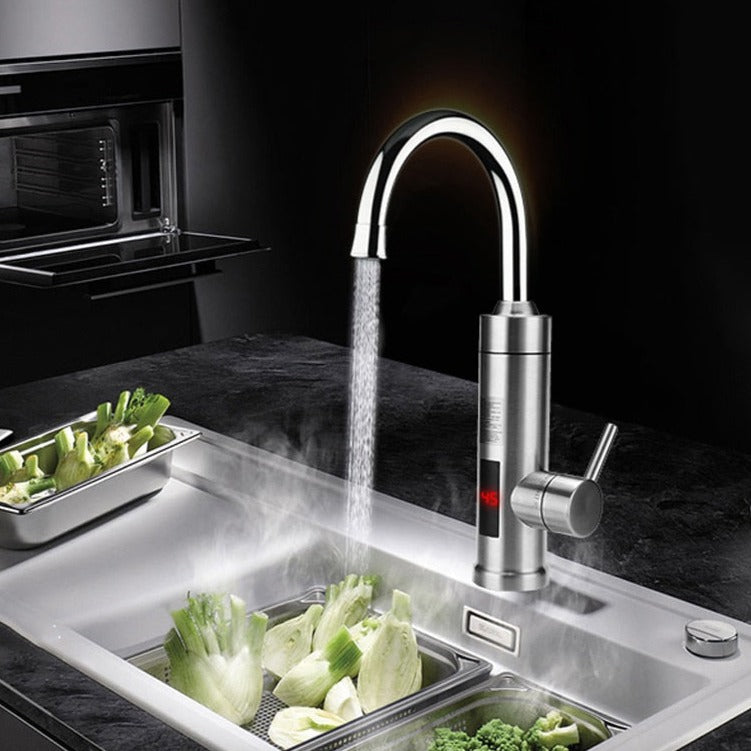 Electric kitchen faucet tap by Belro, featuring modern design and sleek chrome finish, installed on a kitchen sink.