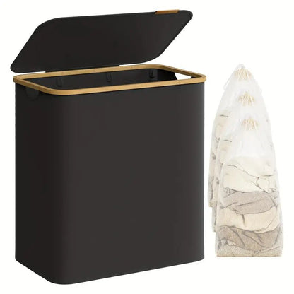 Belro 5.072 oz foldable laundry basket with two compartments, made of lightweight material, suitable for home storage and organization.