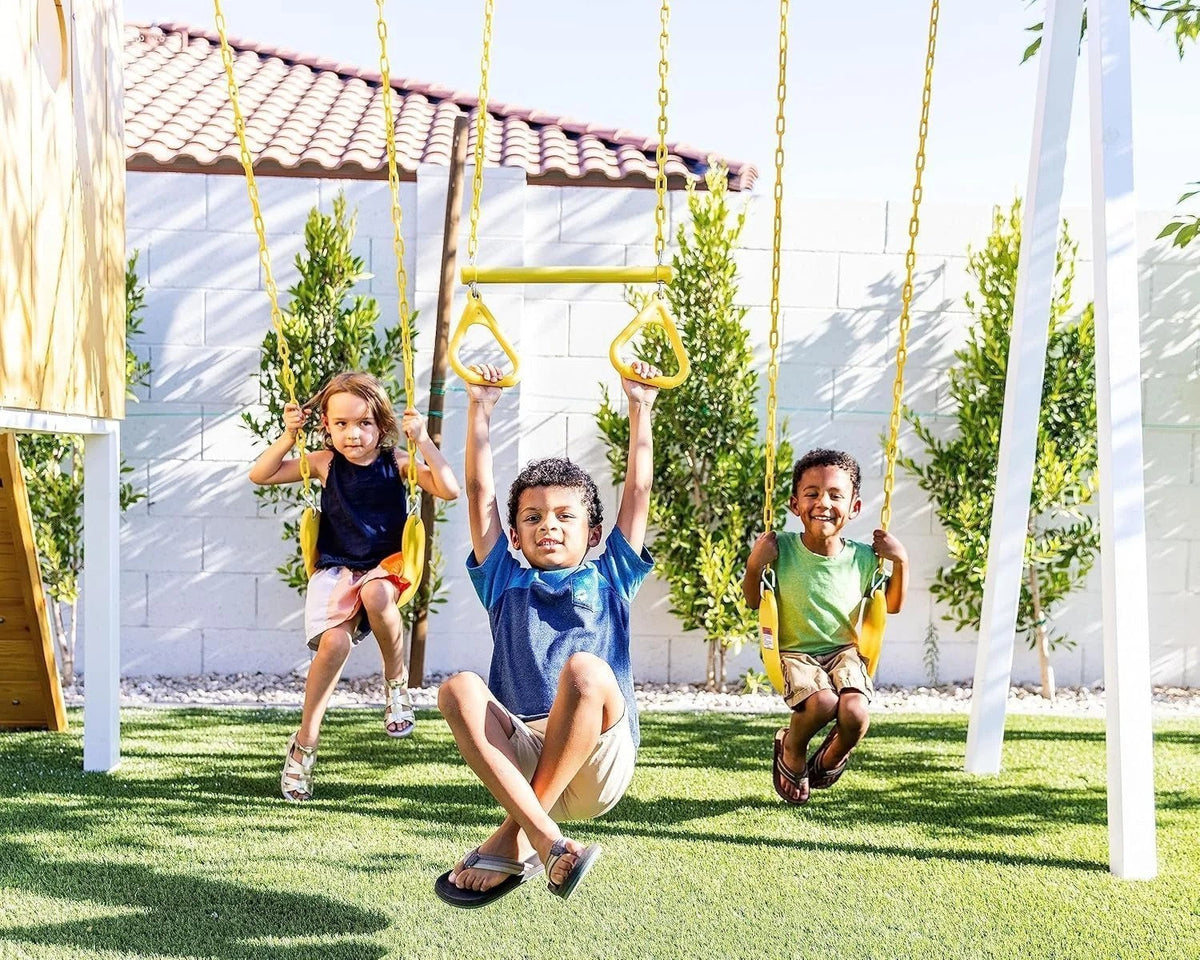 Casavibeo Avenlur Forest modern backyard outdoor swing set with two swings and a slide in a lush garden setting