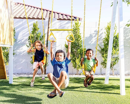 Casavibeo Avenlur Forest modern outdoor backyard swing set with two swings and a slide in a lush green garden setting.