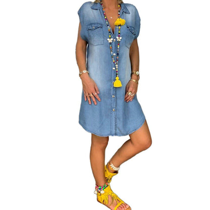 Belro denim straight dress, casual clothing style, featuring a classic blue denim fabric and simple straight fit design.
