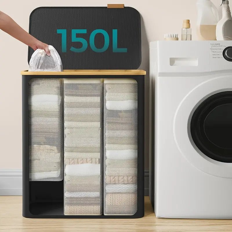Belro 5.072 oz foldable laundry basket with two compartments, lightweight and portable for home organization.