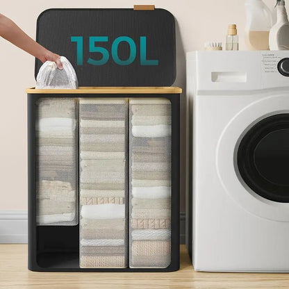 Belro 5.072 oz foldable laundry basket with two compartments, lightweight and portable for home organization.