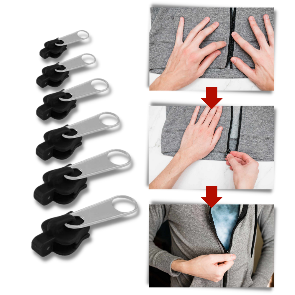 Belro clip-on slider for men's clothing, designed to replace zippers, shown in a close-up image of the accessory.