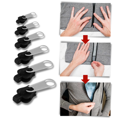 Belro clip-on slider for men's clothing, designed to replace zippers, shown in a close-up image of the accessory.