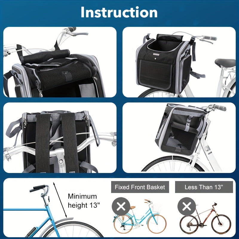 Belro expandable bike basket for pets attached to a bicycle, showing a spacious, foldable pet carrier secured on the front.