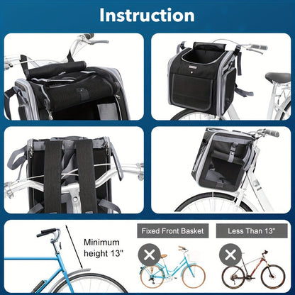 Belro expandable bike basket for pets attached to a bicycle, showing a spacious, foldable pet carrier secured on the front.