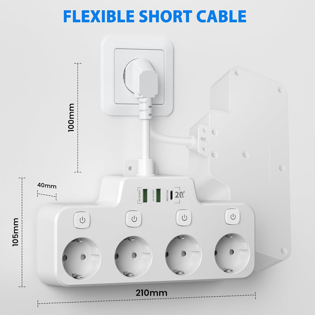 Belro wall-mounted power strip with two USB A ports, one USB C port, and independent switch on a sleek electronics background.