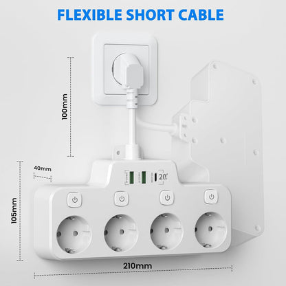 Belro wall-mounted power strip with two USB A ports, one USB C port, and independent switch on a sleek electronics background.