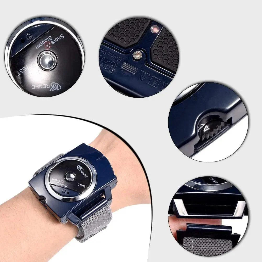 Belro Intelligent Snore Stopper wristwatch displaying sleep monitoring features and sleep data on a digital screen.