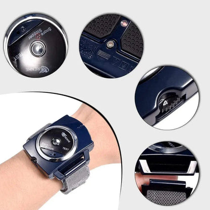 Belro Intelligent Snore Stopper wristwatch displaying sleep monitoring features and sleep data on a digital screen.