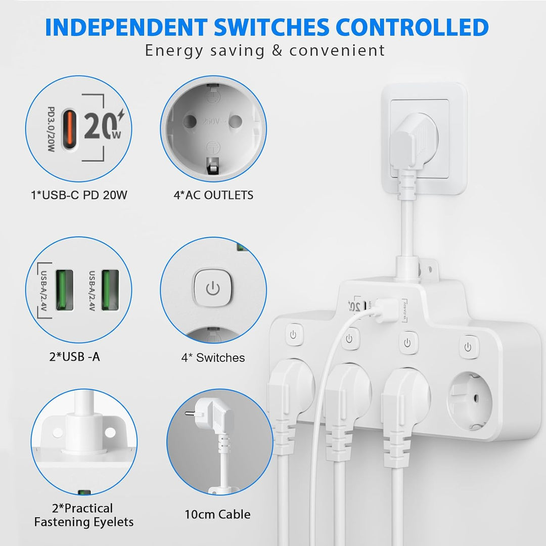 Wall-mounted Belro power strip with 2 USB A ports, 1 USB C port, and independent switch for electronics charging and power management.
