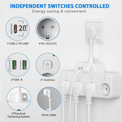 Wall-mounted Belro power strip with 2 USB A ports, 1 USB C port, and independent switch for electronics charging and power management.