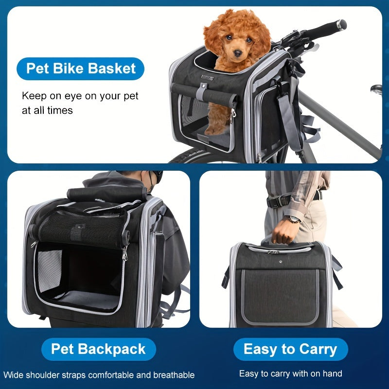Expandable Belro pet bike basket attached to bicycle, designed for carrying small pets securely during rides.