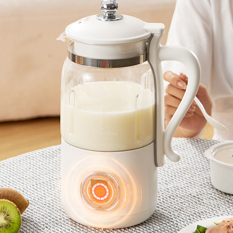 Belro multifunctional soy milk maker on kitchen counter, showing stainless steel body and control panel for home soy milk preparation.