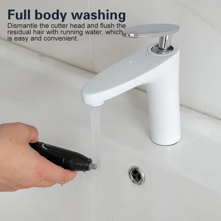 Belro rechargeable nose and ear hair trimmer with compact design, shown in a close-up image highlighting its grooming blades and ergonomic shape.