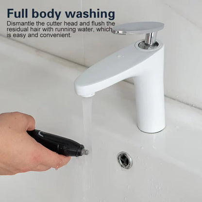 Belro rechargeable nose and ear hair trimmer with compact design, shown in a close-up image highlighting its grooming blades and ergonomic shape.