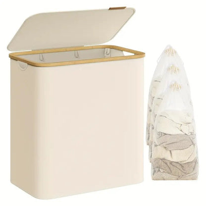 Belro foldable laundry basket with two compartments, lightweight and portable for home organization and laundry storage.
