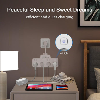 Belro wall-mounted power strip with 2 USB A ports, 1 USB C port, and independent switch, mounted on a wall for convenient charging