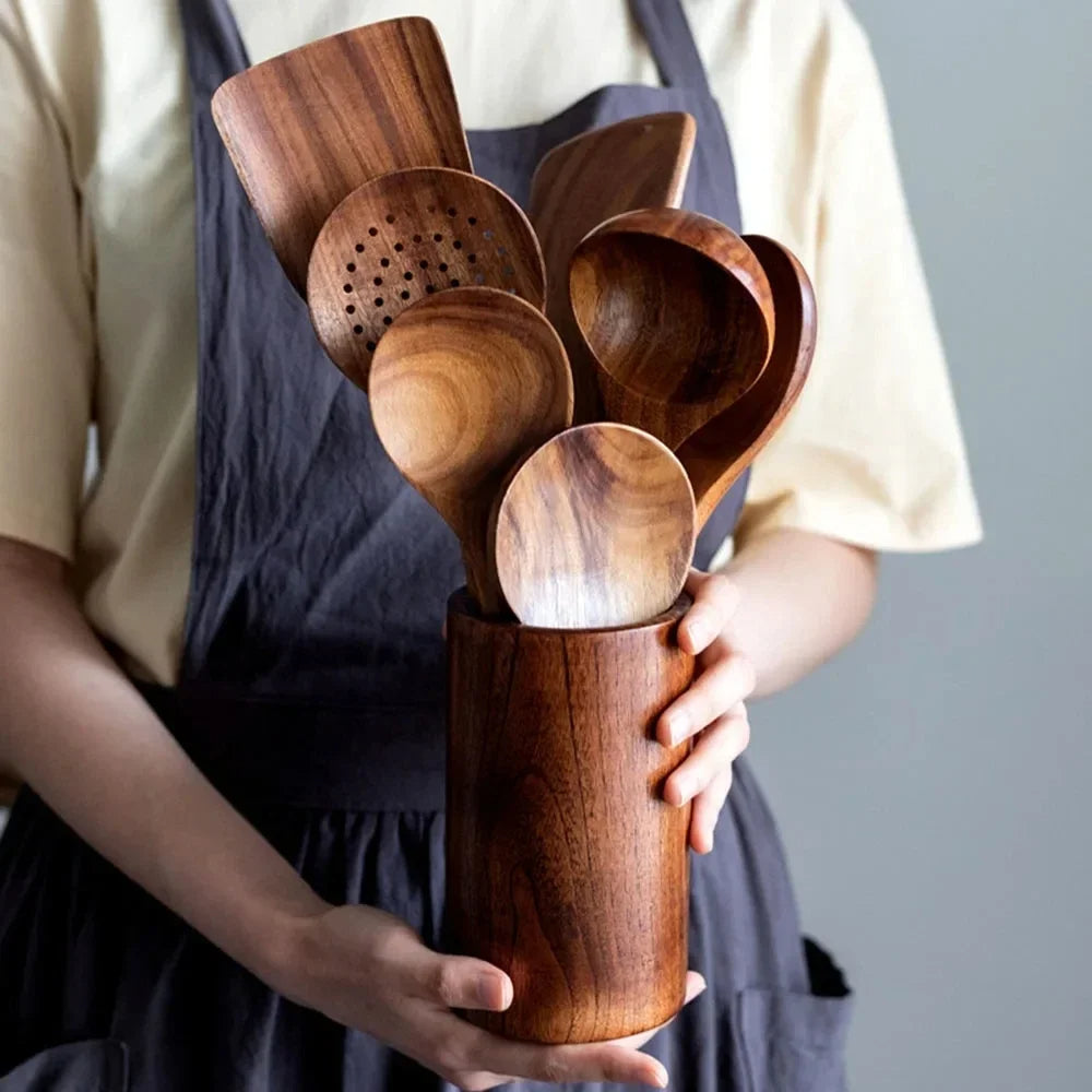 Natural teak wood kitchen set by Belro featuring utensils and accessories for home and dining use.