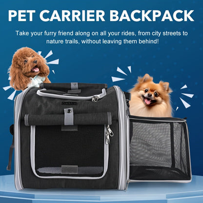 Expandable Belro pet bike basket attached to a bicycle, designed for carrying small pets securely during rides.