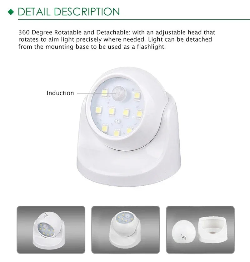 Wireless LED spotlight by Belro with motion detector, 360° rotation, energy-saving design, suitable for outdoor home and garden lighting.