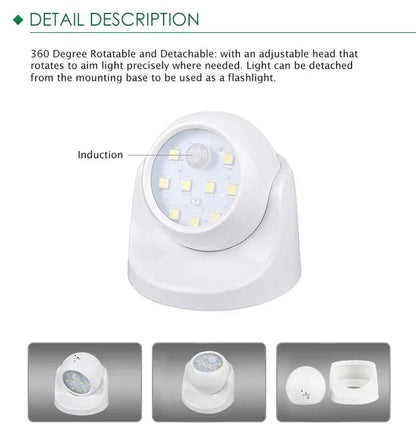 Wireless LED spotlight by Belro with motion detector, 360° rotation, energy-saving design, suitable for outdoor home and garden lighting.