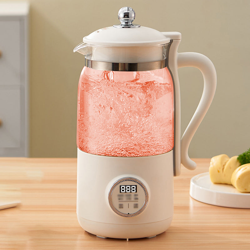 Belro multifunctional soy milk maker on kitchen countertop, showing various settings and soy milk in a glass cup.