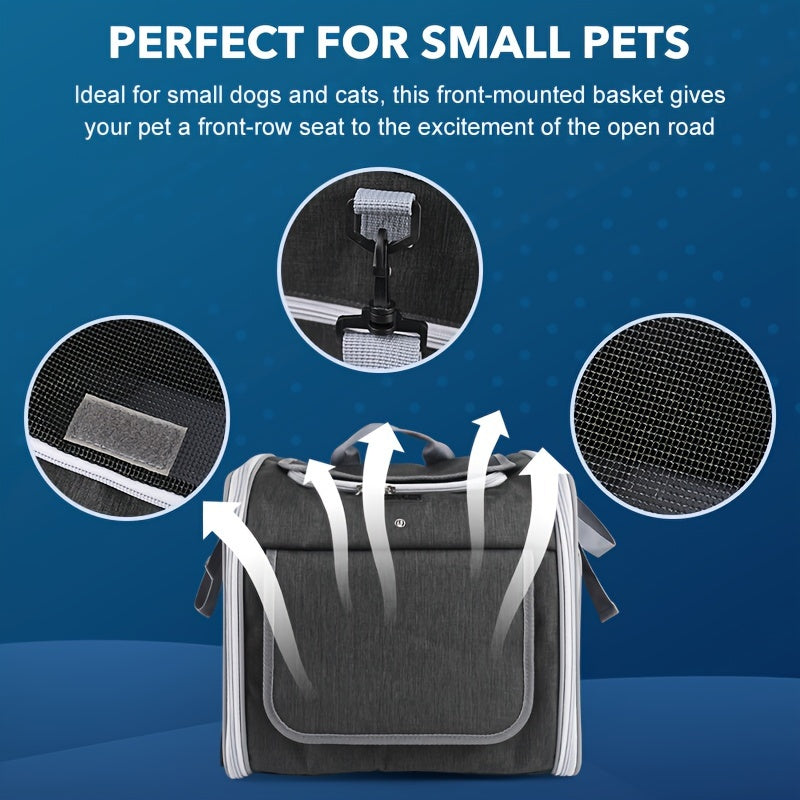 Belro expandable automotive bike basket for pets shown installed on a bicycle, providing a secure space for small animals.