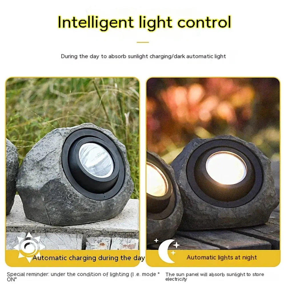 Belro Stonelight pathway lighting in outdoor garden, weather-resistant stone design illuminating garden paths at night
