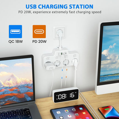 Belro wall-mounted power strip with two USB A ports, one USB C port, and independent switch for electronics and charging.
